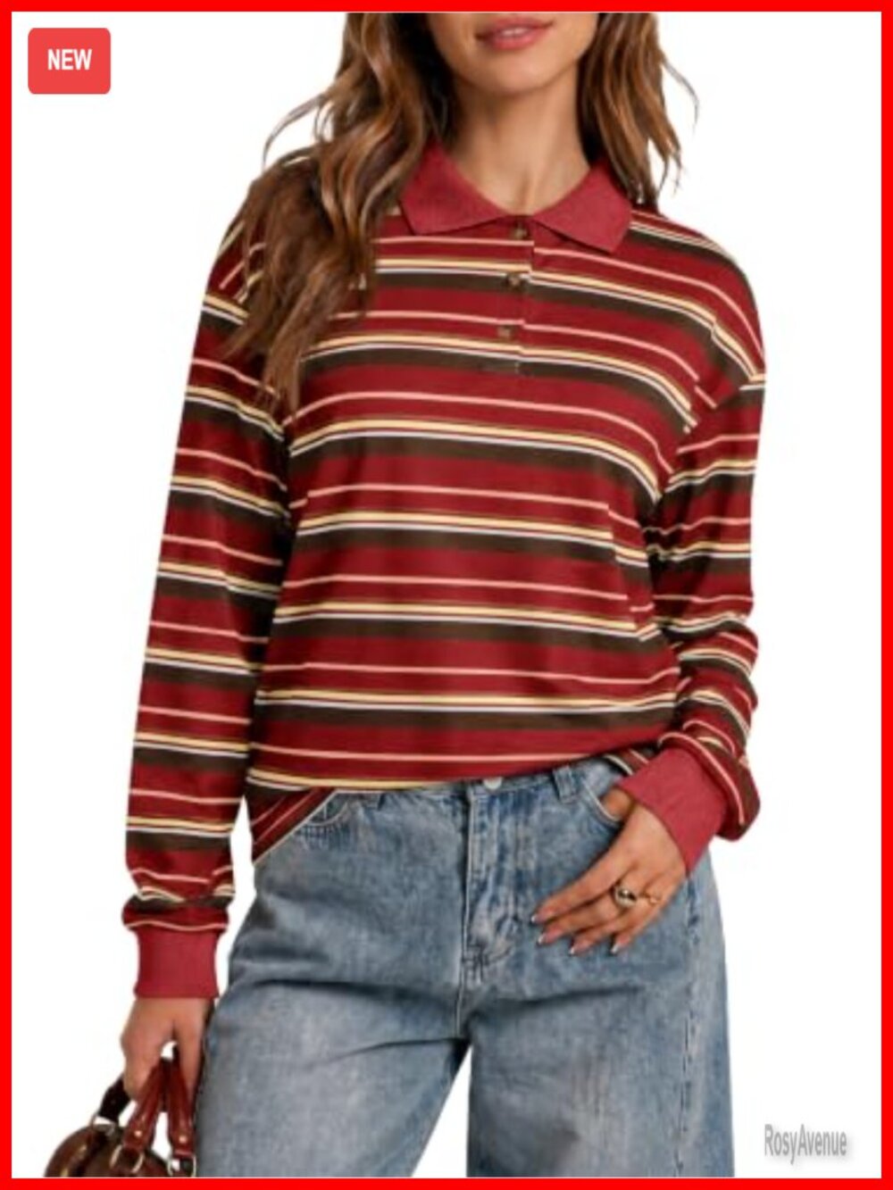 Womens Striped Long Sleeve Polo Shirt Oversized Casual Top